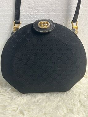 Gucci Black GG Monogram Round Crossbody with Gold Hardware